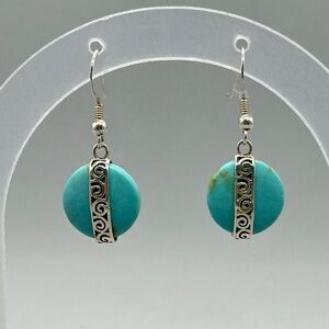 Vintage Sterling Silver 925 Turquoise Filagree Disc Dangle Earrings Boho Beach